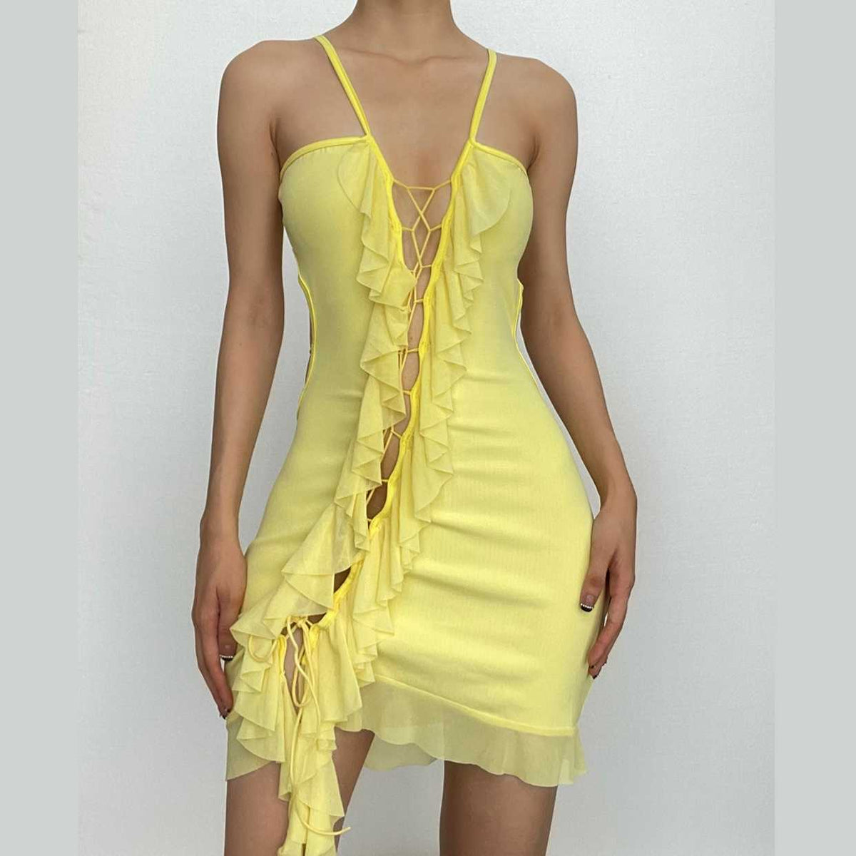 Ruffle Trim Lace Up Front Cut Out Mesh Hem Cami Mini Dress
