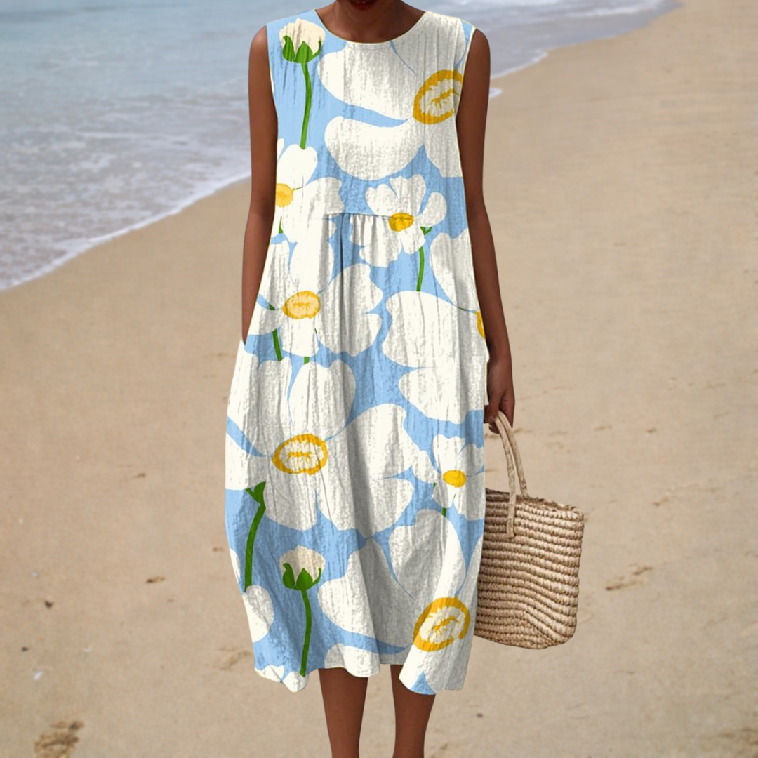 Floral Print Sleeveless Round Neck Pocket Midi Summer Dress