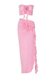 Strapless Rosette High Split Ruffle Two Piece Set 15