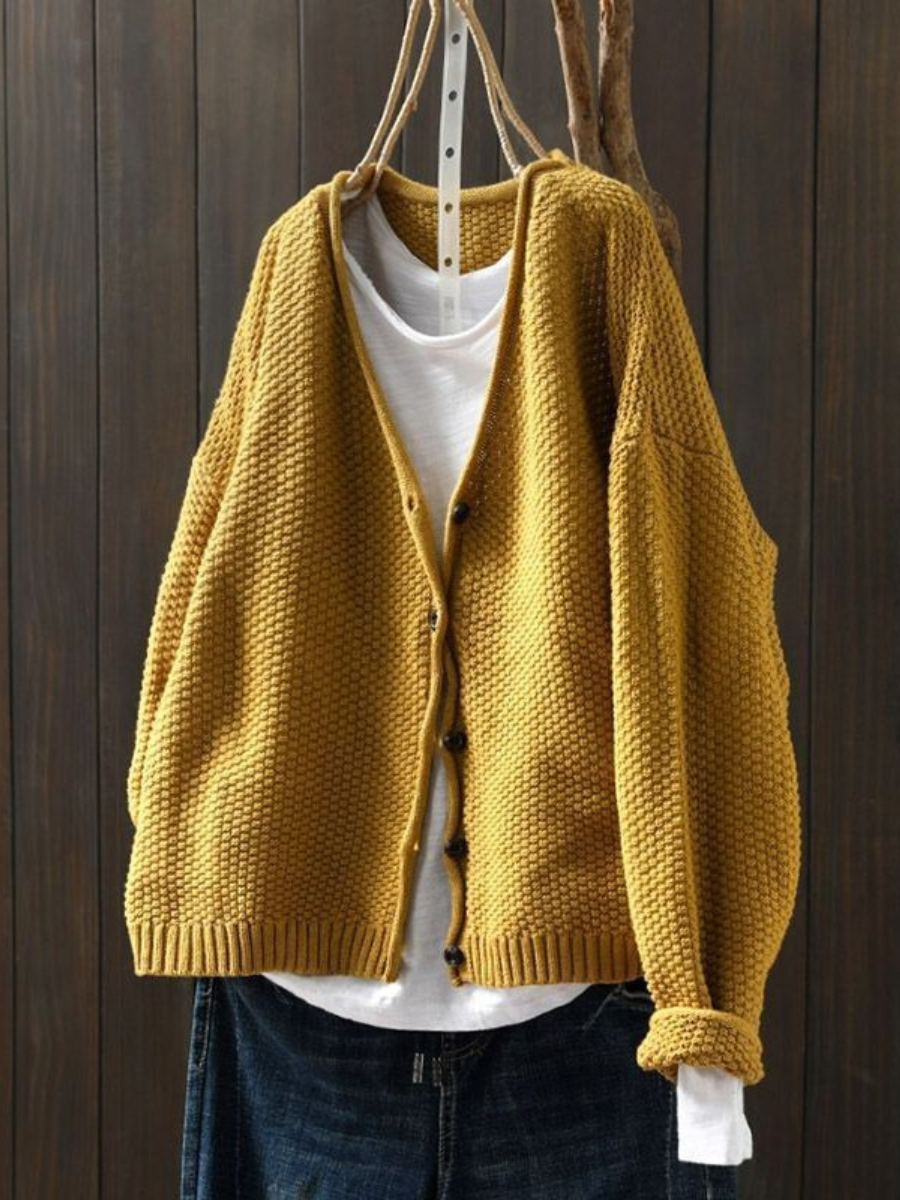 V-Neck Button Front Waffle Knit Cardigan