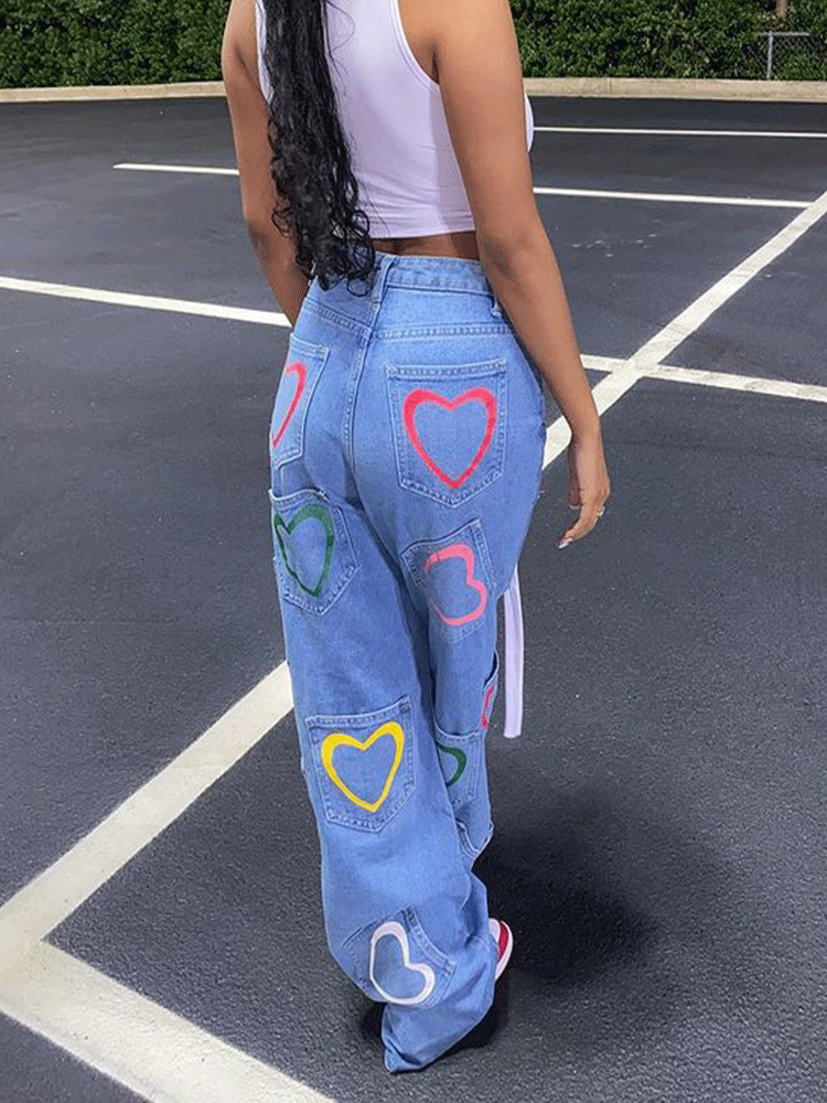 Heart Print Patch Pocket High Waist Wide Leg Jeans 2