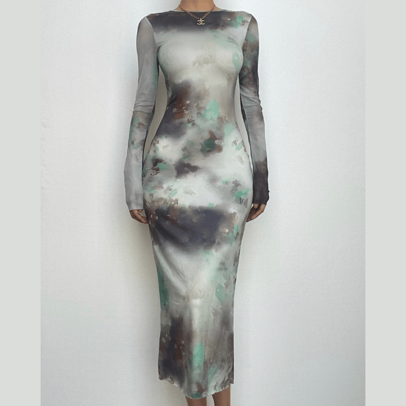 Tie Dye Print Mesh Crew Neck Long Sleeve Bodycon Midi Dress