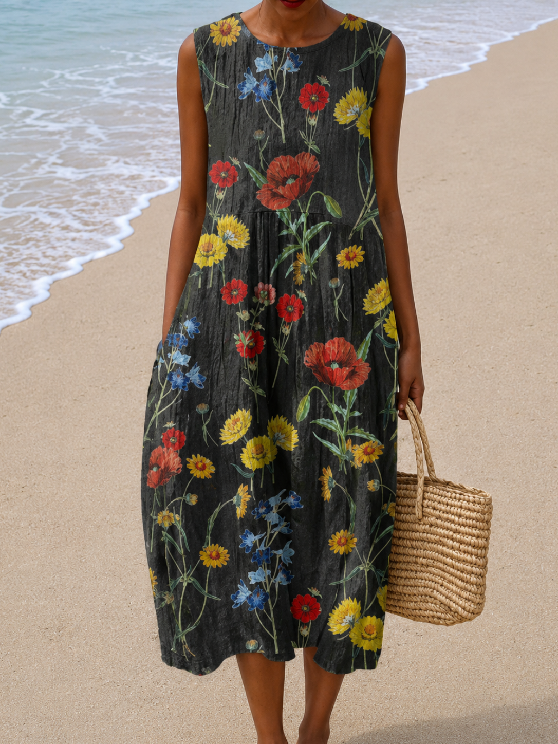 Floral Crew Neck Sleeveless Pocket Midi Dress