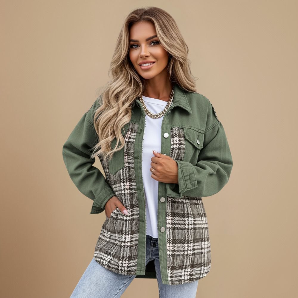 Denim Jacket with Plaid Patchwork and Button Closure