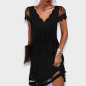 Lace Sleeve Scallop V-Neck Mini Dress