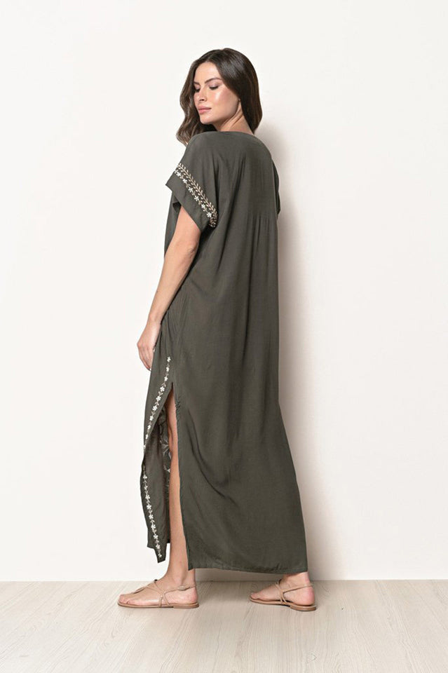 Embroidered V-Neck Short Sleeve Kaftan Maxi Dress 45