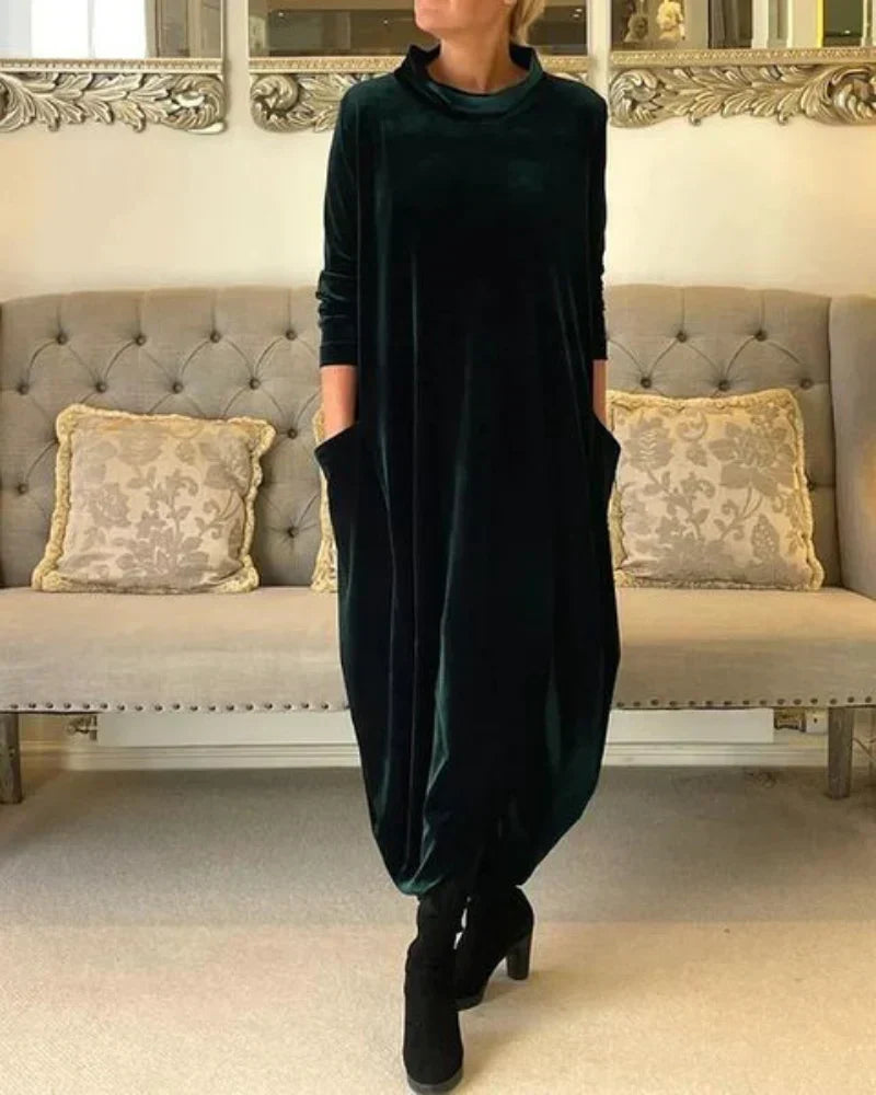 Velvet Cowl Neck Long Sleeve Pocket Oversized Maxi Dress