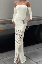 Knit Off Shoulder Long Sleeve Fringe Mermaid Maxi Dress 7