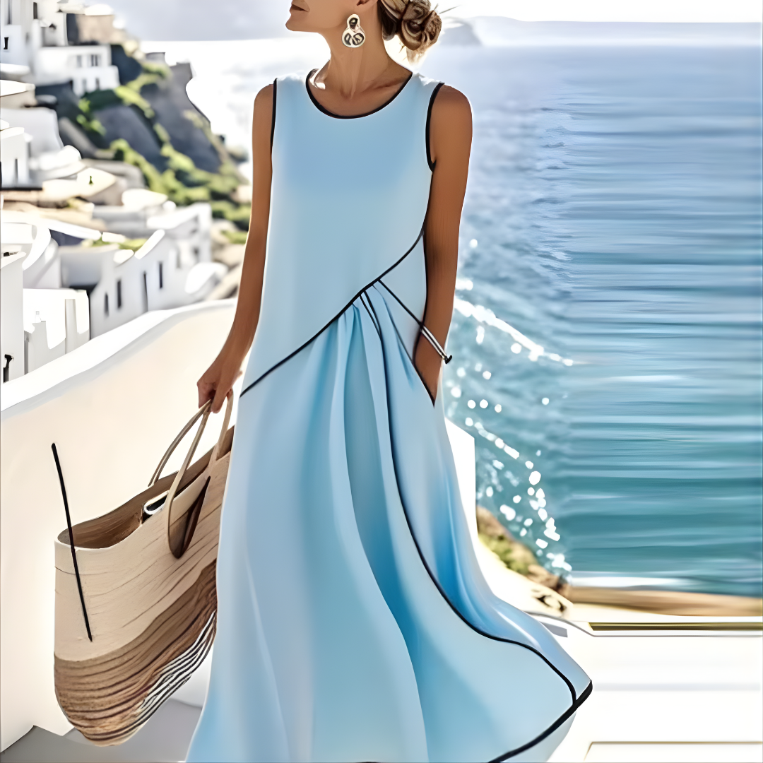 Contrast Piping Round Neck Sleeveless A-Line Midi Dress