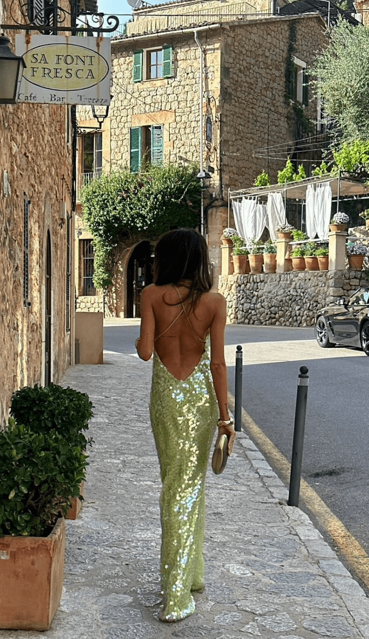 Sequin Backless Cross Back Slip Maxi Dress