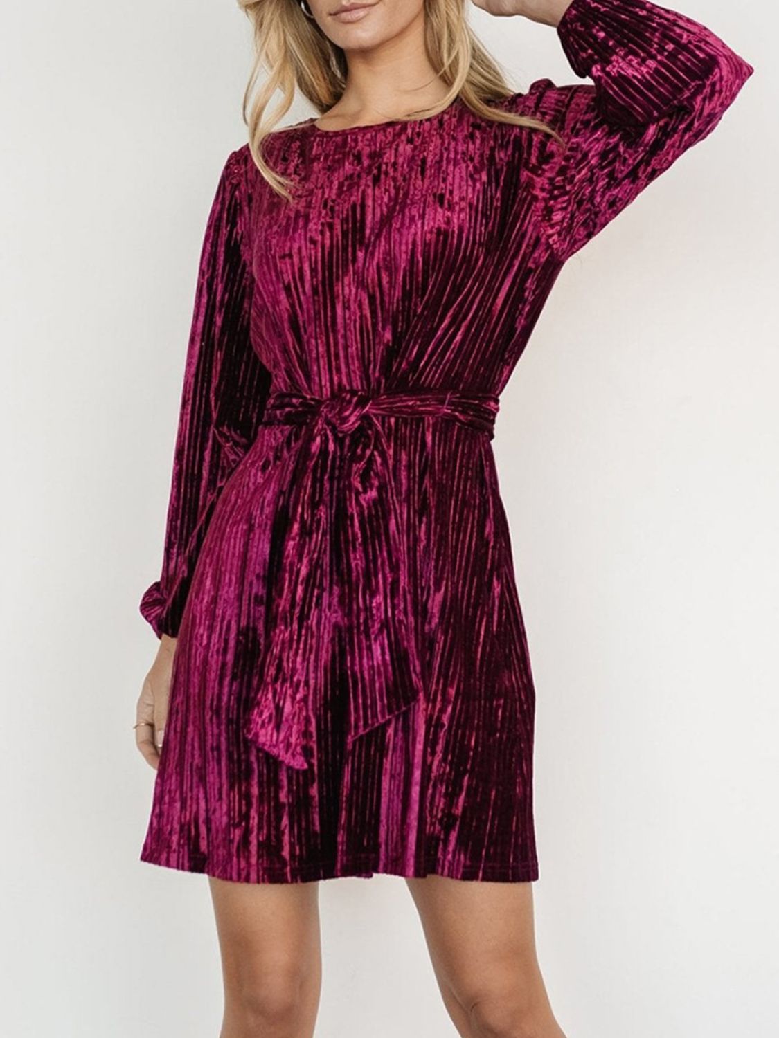 Crushed Velvet Round Neck Long Sleeve Tie Waist Mini Dress 4