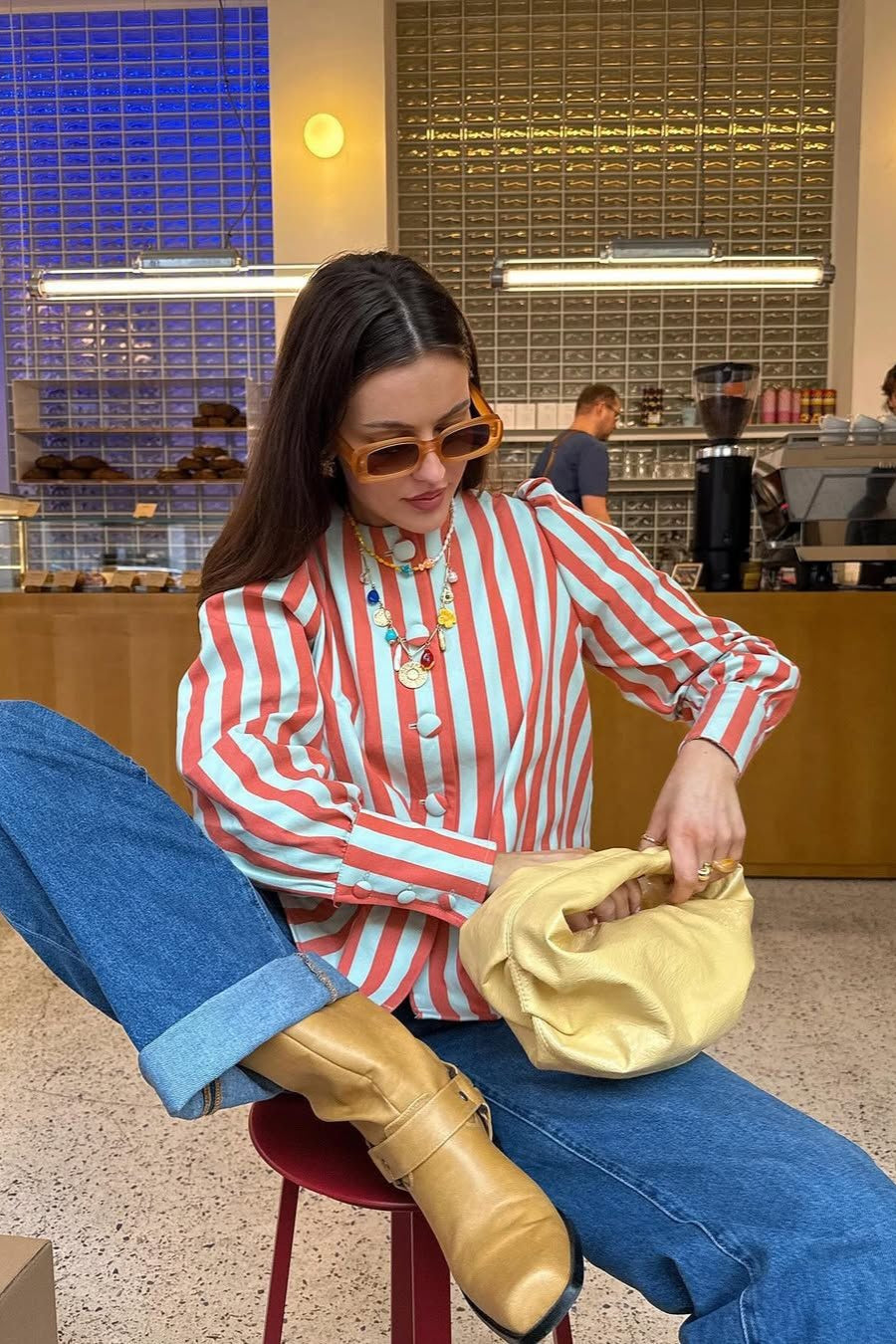 Striped Band Collar Button Front Long Sleeve Blouse
