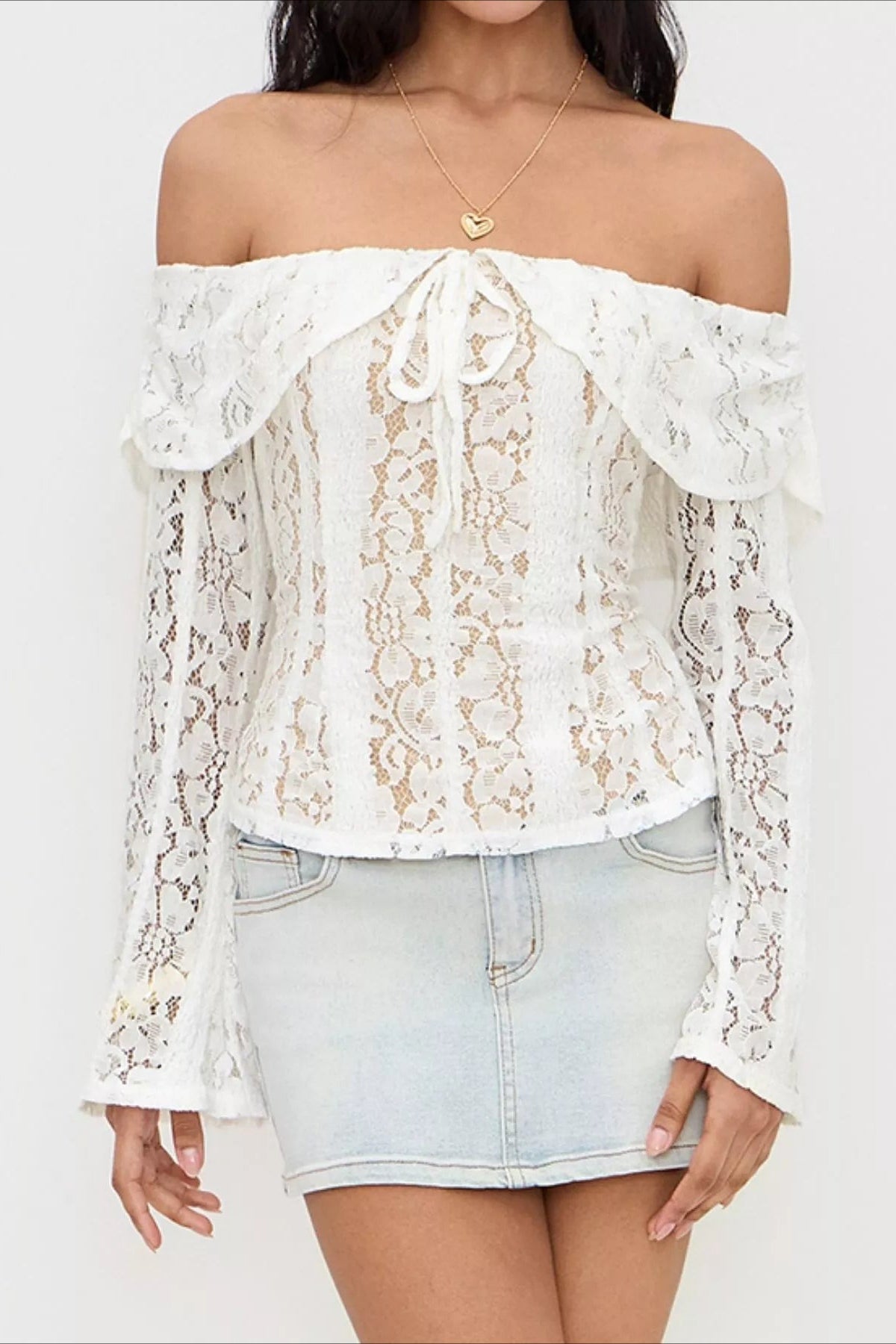 Off Shoulder Floral Lace Tie Front Bell Sleeve Top 3