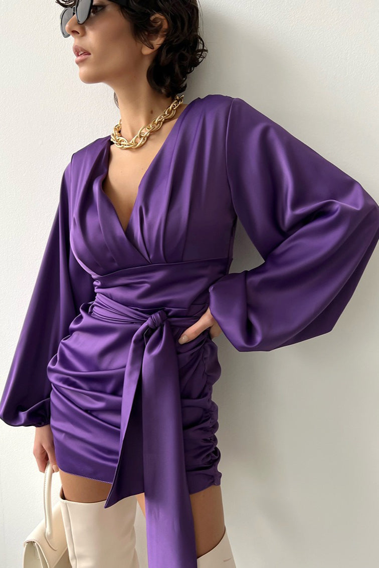Satin Deep V-Neck Bishop Sleeve Ruched Wrap Cocktail Mini Dress