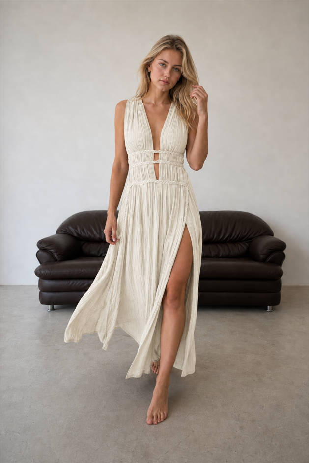 Deep V-Neck Sleeveless Braided Waist High Split Crinkle Maxi Dress 5