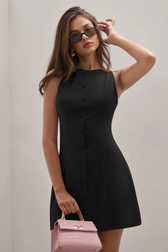 Button Slim Sleeveless Elegant Work Dress
