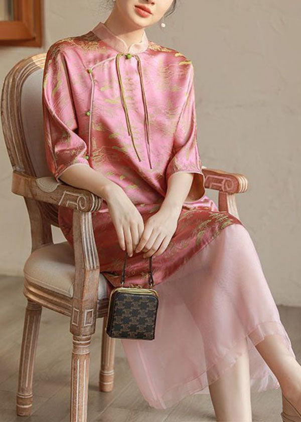 Jacquard Mandarin Collar Tassel Tie Three Quarter Sleeve Sheer Panel Hem Midi Dress