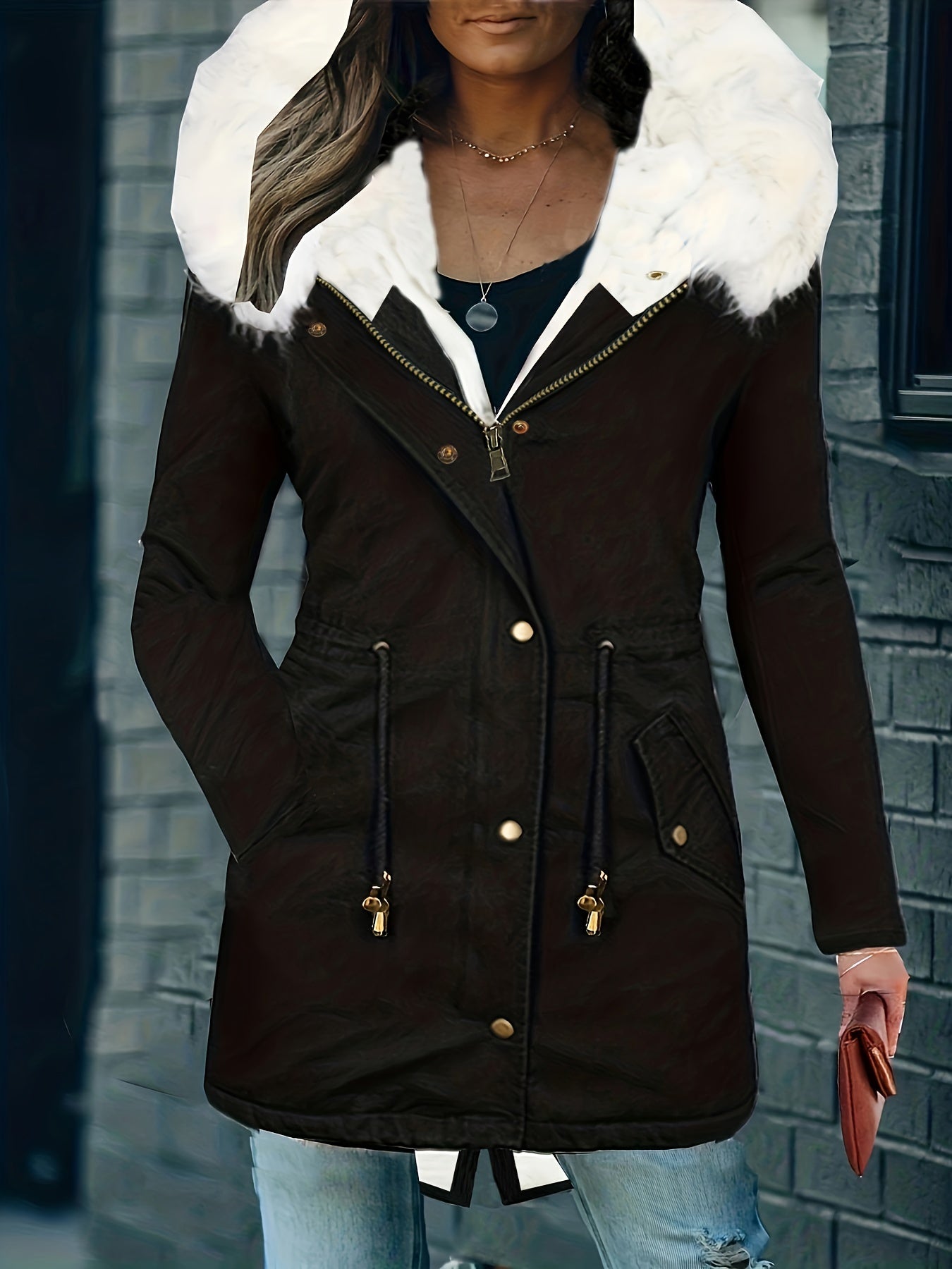 Faux Fur Hood Drawstring Parka Coat