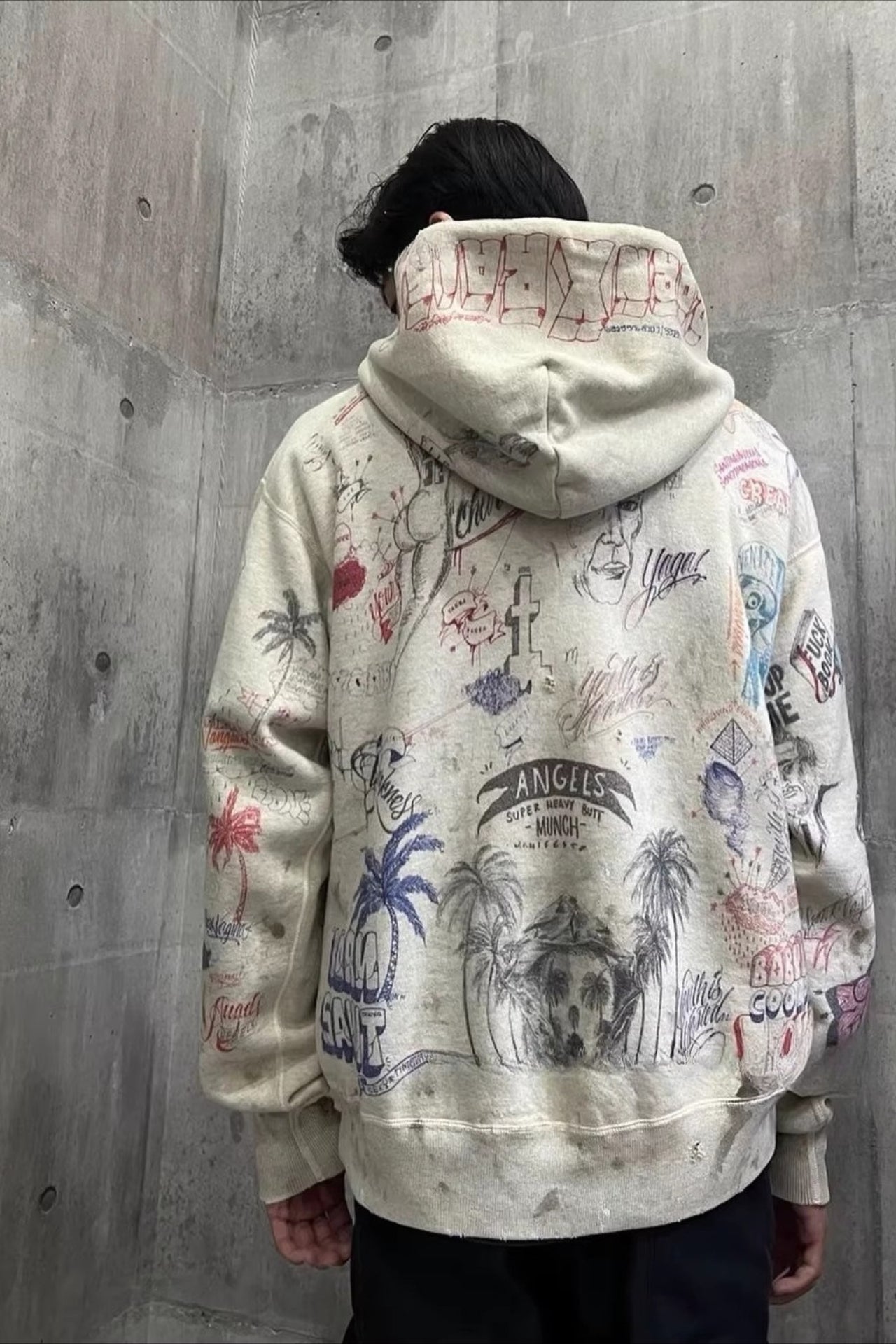 Distressed Rhinestone Graffiti Print Hoodie