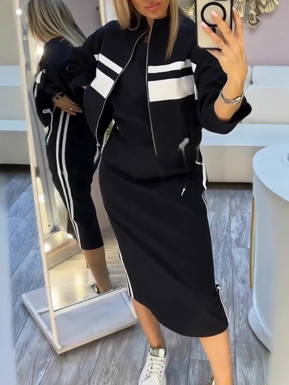 Striped Zip Up Jacket and Midi Skirt Two Piece Set 4