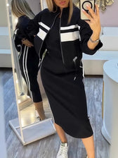 Striped Zip Up Jacket and Midi Skirt Two Piece Set 4