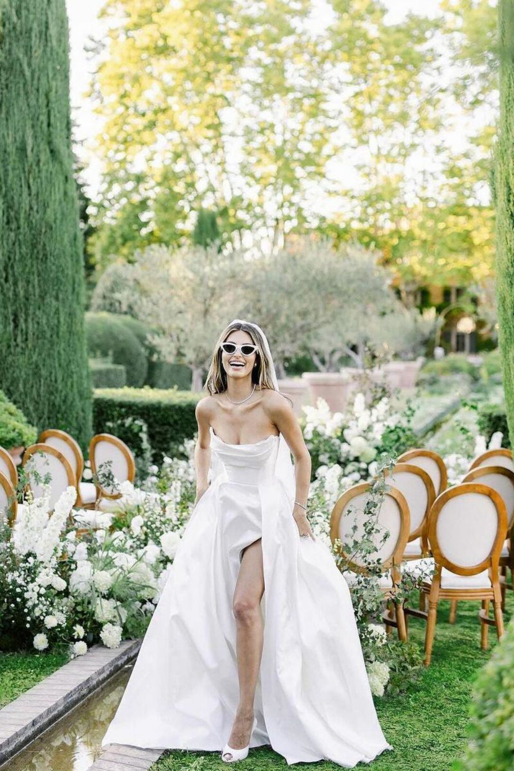 Elegant A Line Strapless White Wedding Dress with Split Front
