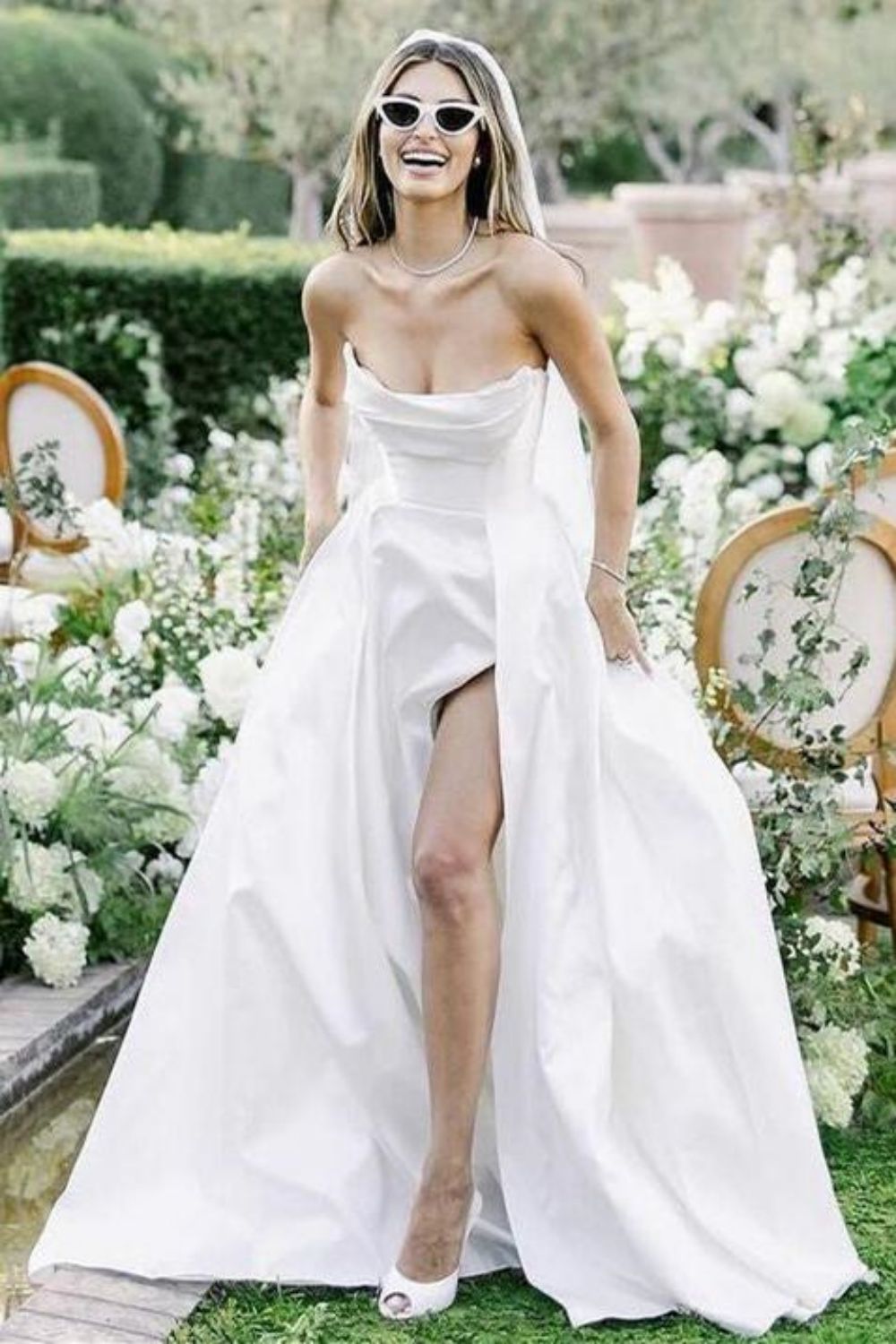 Elegant A Line Strapless White Wedding Dress with Split Front