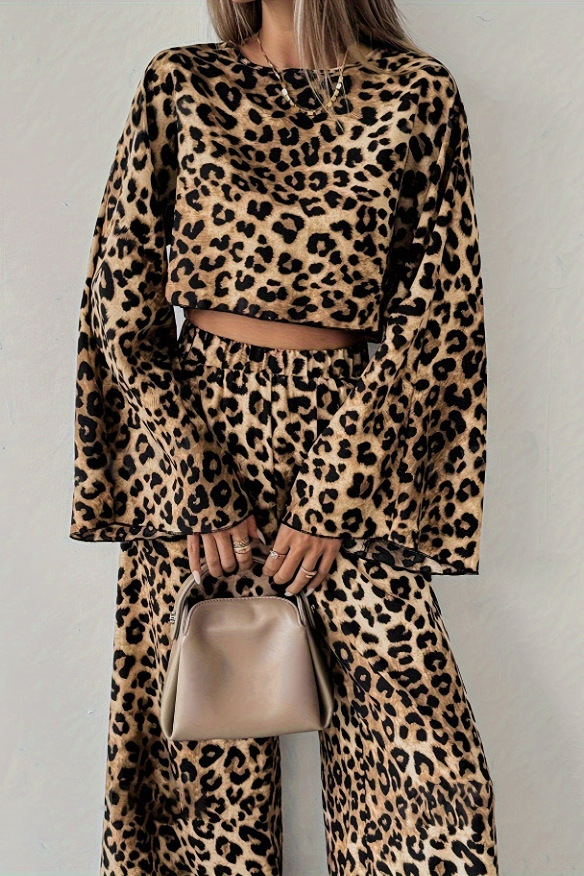 Leopard Print Bell Sleeve Crop Top and Wide Leg Pants Two Piece Set 2