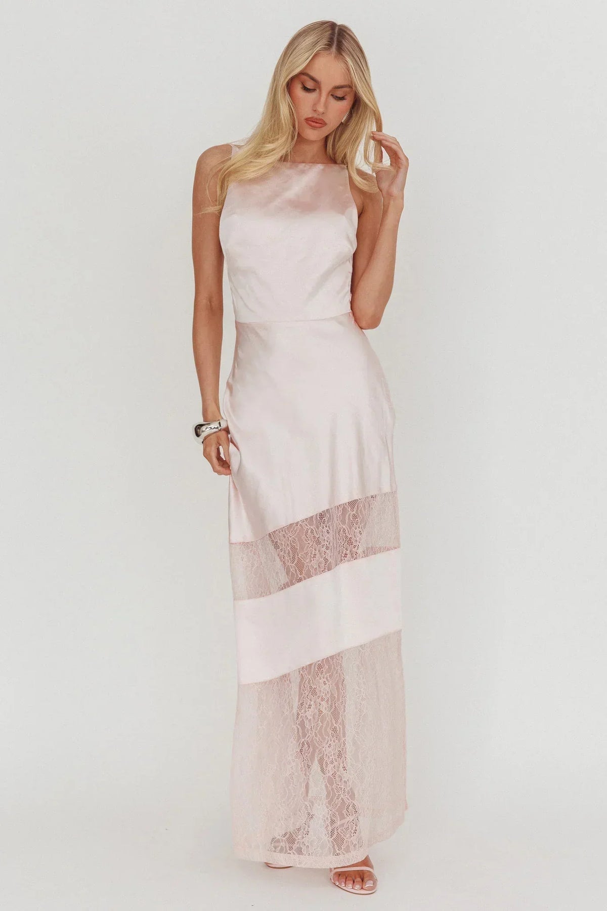 Satin Spaghetti Strap Open Back Lace Panel Maxi Dress 2