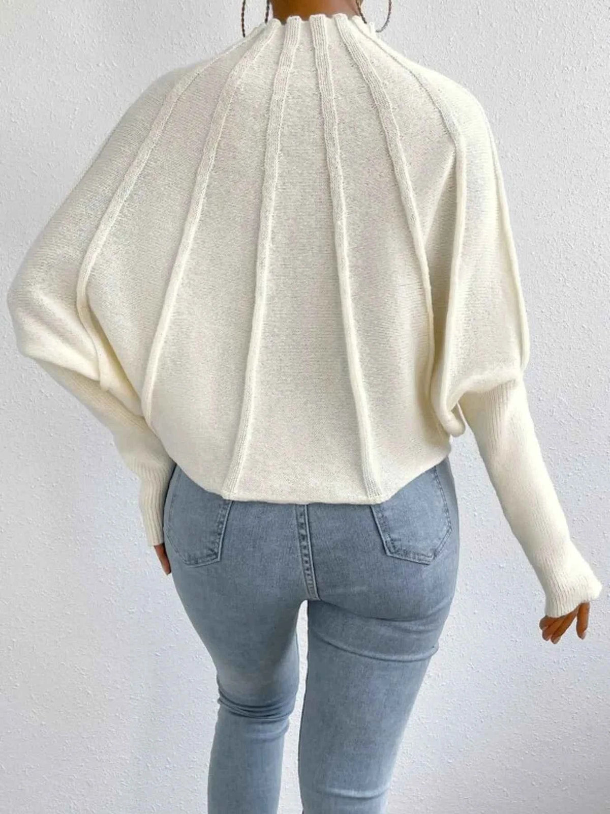 Mock Neck Batwing Long Sleeve Seam Detail Knit Sweater 2