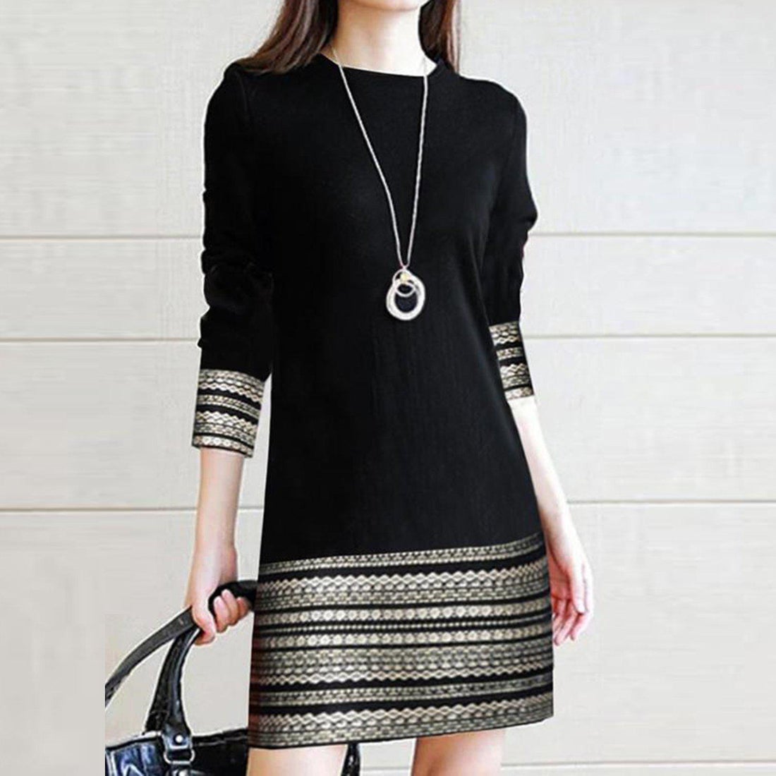 Popular Black Print Round Neck Mini Dress