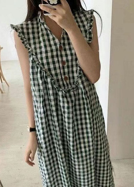Gingham Check V-Neck Ruffle Collar Button Front Sleeveless Dress