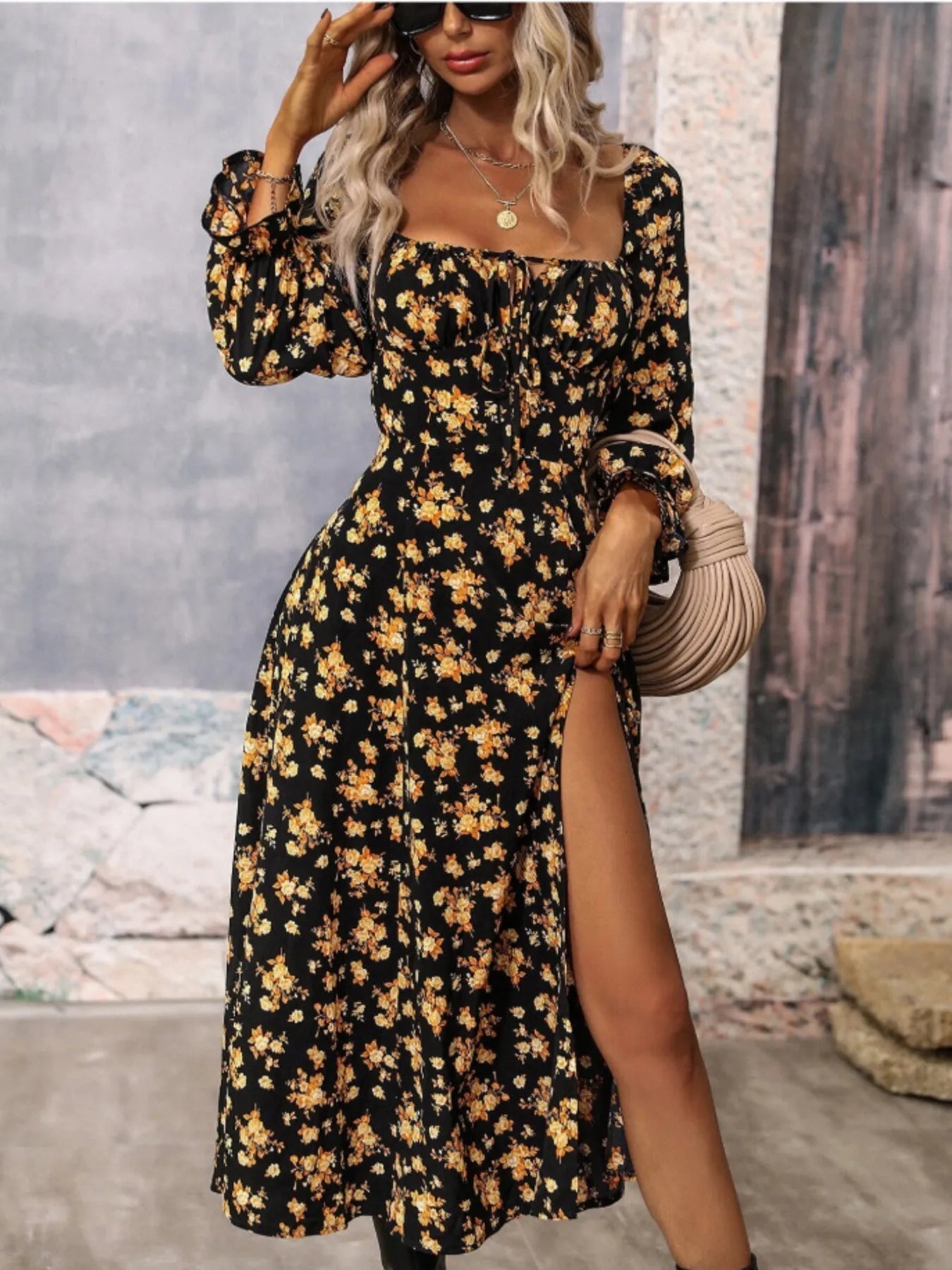 Grazia Timeless Square Neck Dress with Ruffle Sleeves and Floral Print Everyday Luxe Edit