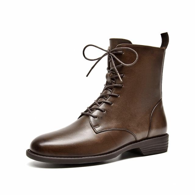 Ankle Boots Women Genuine Cow Leather Waxing Round Toe Lace Up Zip Fashion Motorcycle Female Shoes Handmade