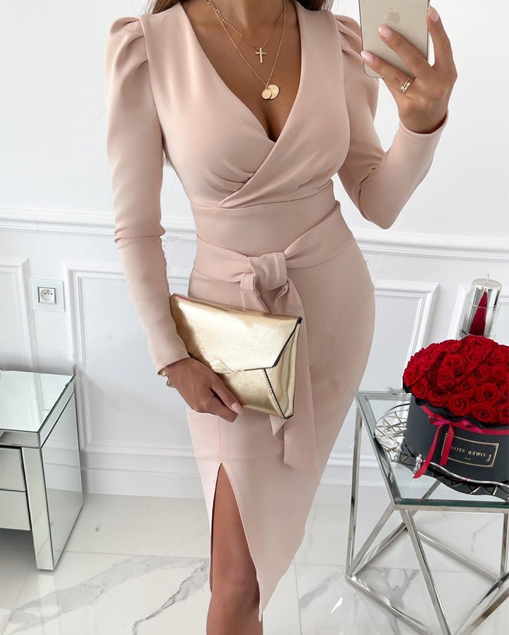 Caitlyn - Stylish V-Neck Tie Straps Midi Dress Khaki