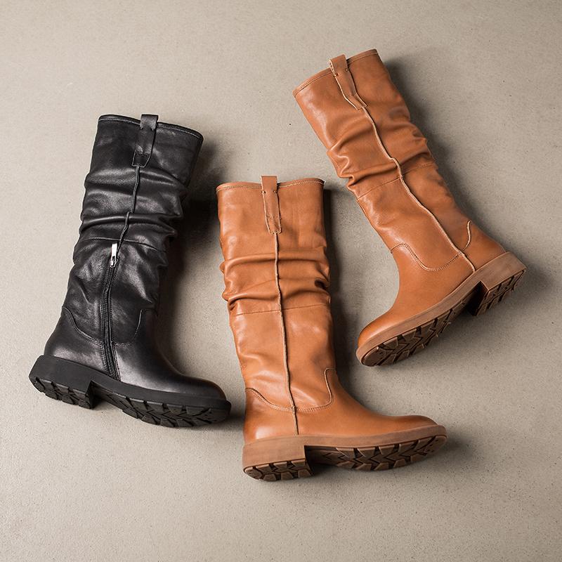 Waxing��Leather Knee High Boots Fold Design Riding Boots Black/Brown