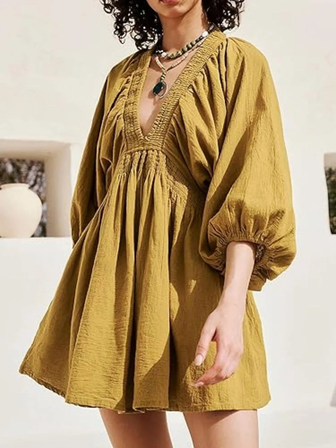 Textured Deep V-Neck Balloon Sleeve Smocked Waist Swing Mini Dress 8