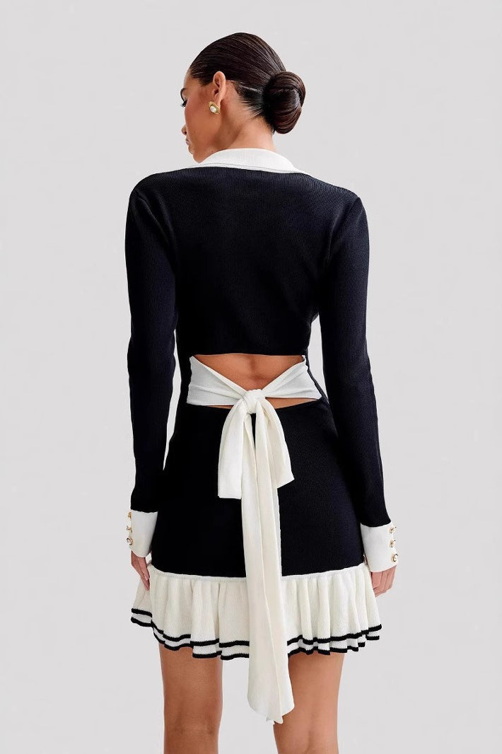 Bow Tie Ruffled Knit Pearl Midi Dress - View 2
