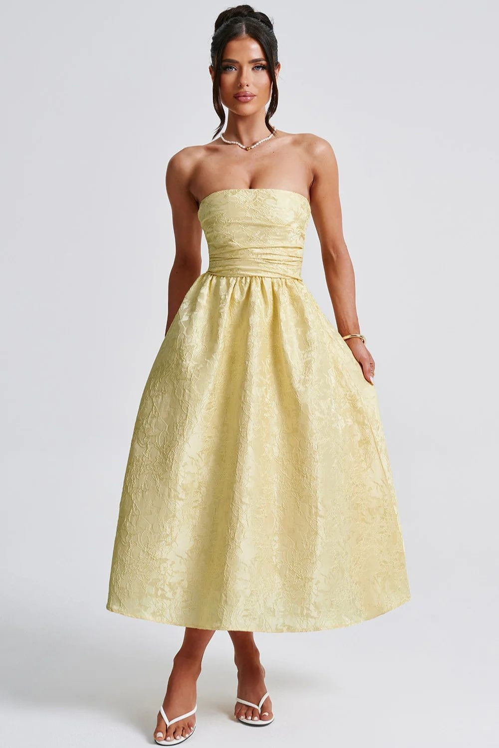 Solid Jacquard Strapless A-Line Party Dress