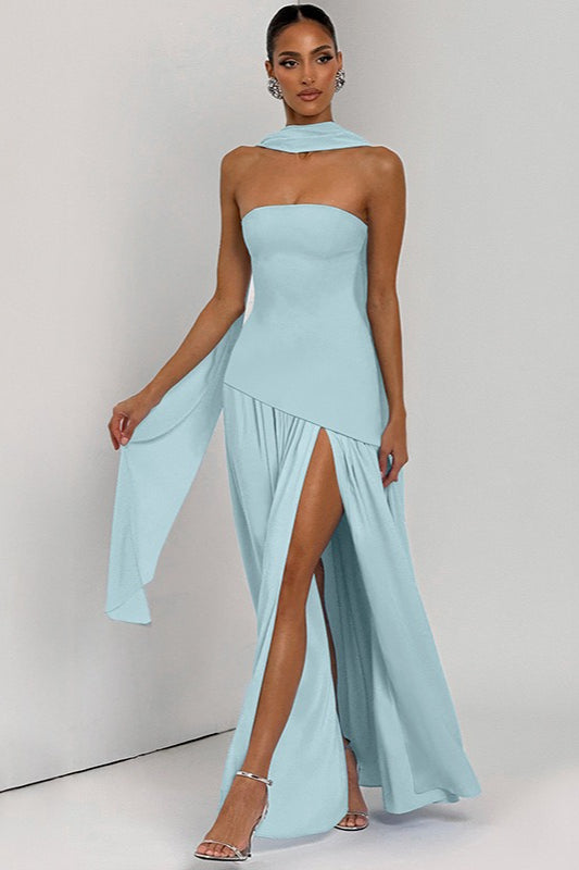 Strapless Slit Back Tie Detail Prom Dress