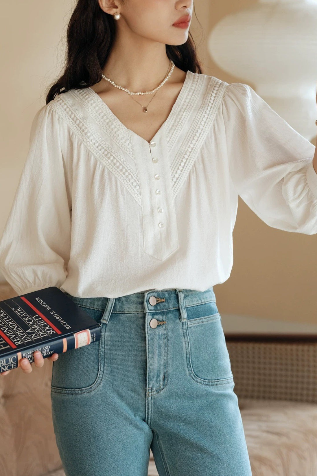 V-Neck Lace Trim Three Quarter Puff Sleeve Button Front Blouse 5