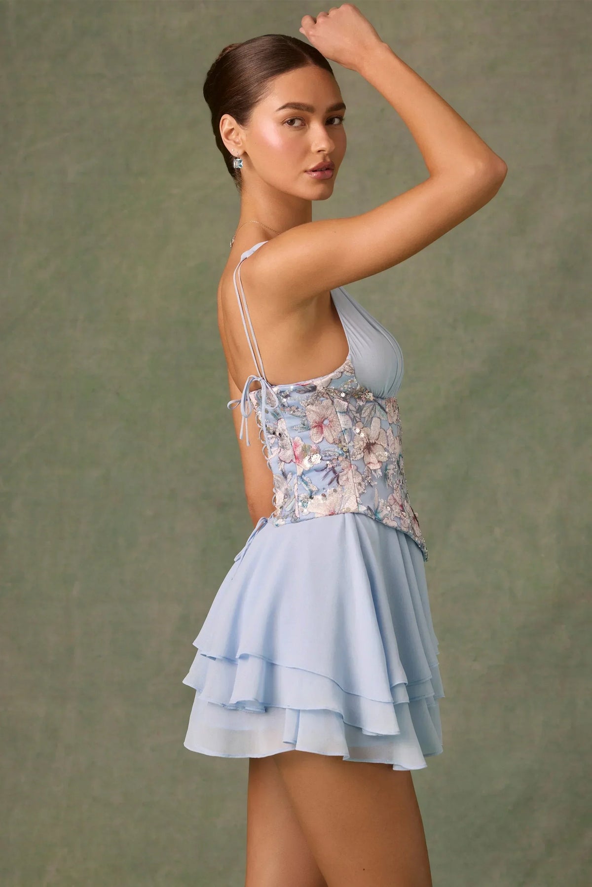 Floral Embroidered Corset Waist Deep V-Neck Tiered Ruffle Mini Dress 11