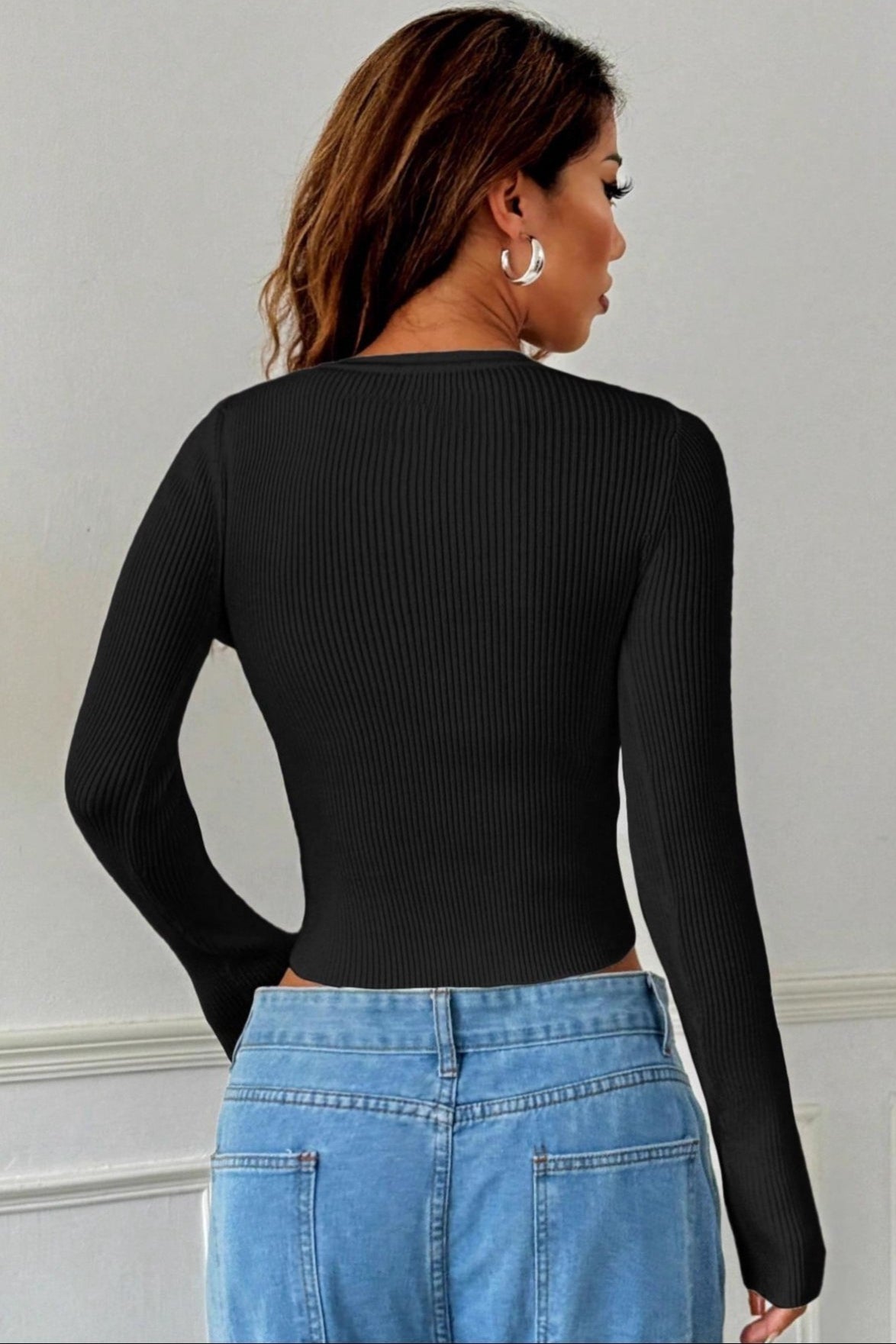 Crew Neck Flare Sleeve Ribbed Knit Button Front Cropped Cardigan 2