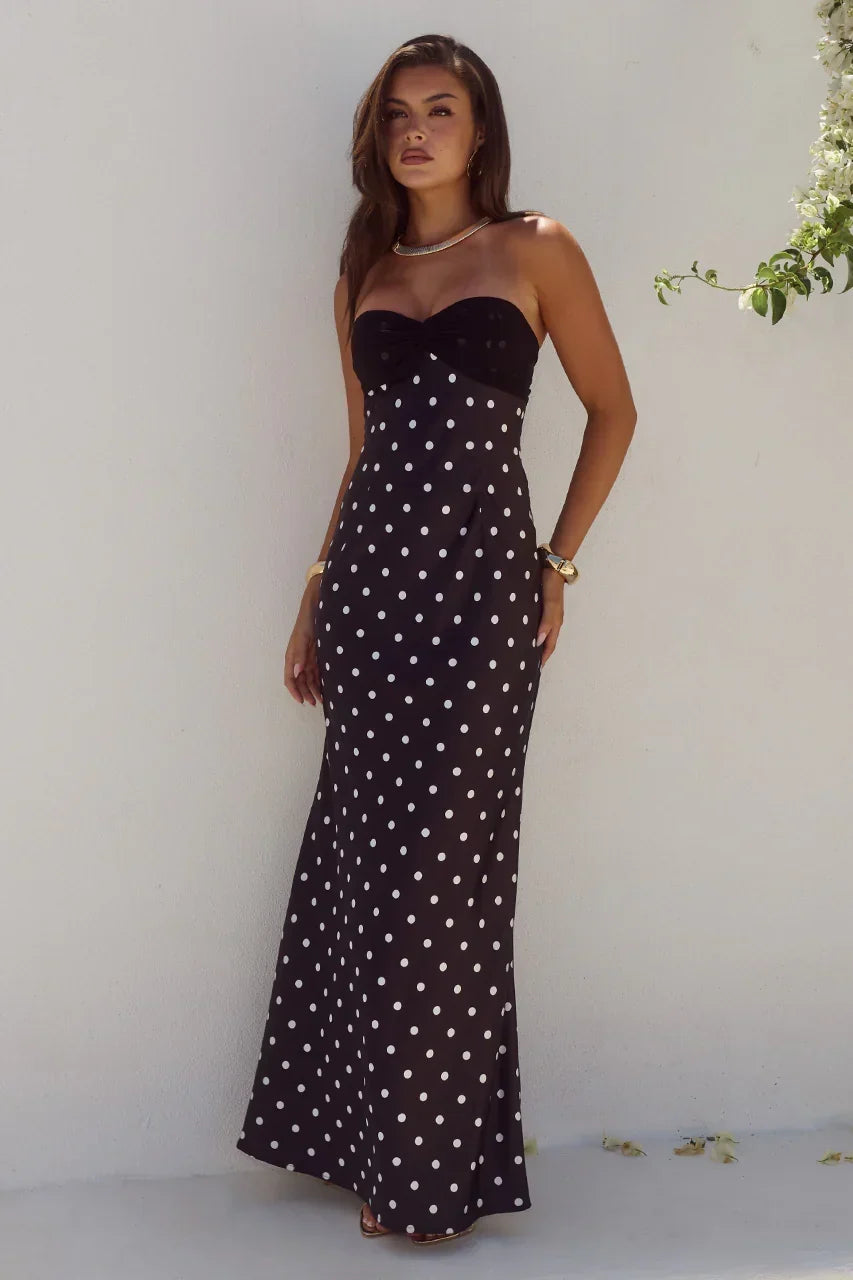 Polka Dot Strapless Ruched Sweetheart Bust Mermaid Maxi Dress 4