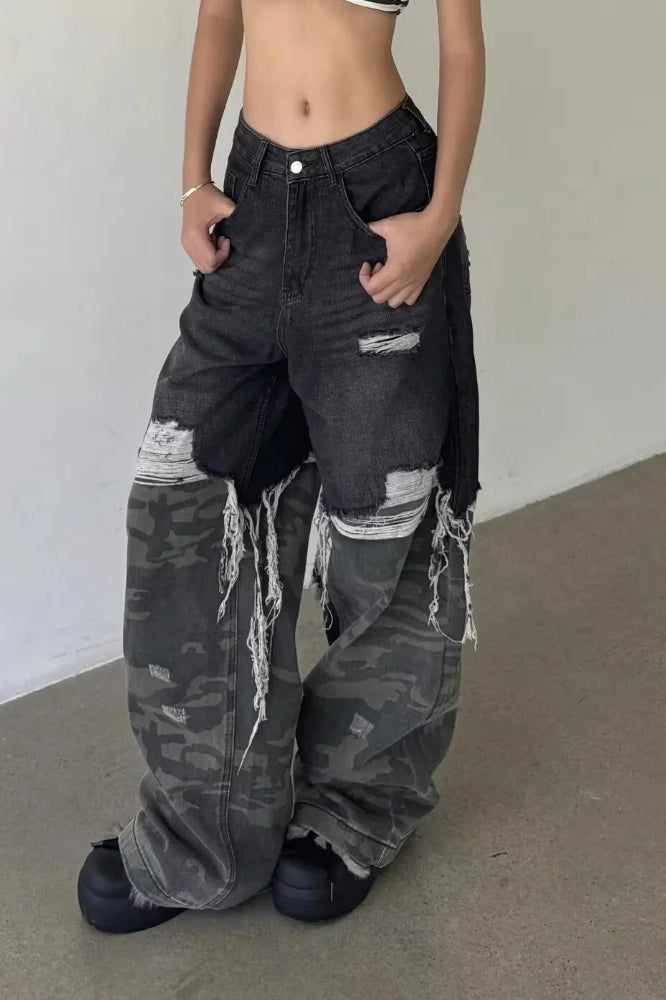 Camouflage Patchwork Baggy Wide-Leg Jeans