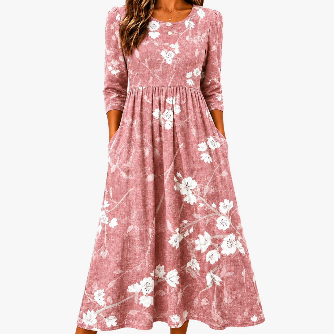 Floral Print Round Neck Three Quarter Sleeve Pocket Midi Dress