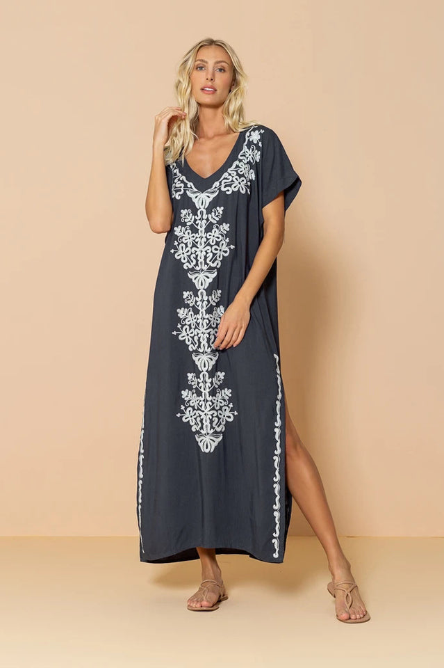 Embroidered V-Neck Short Sleeve Kaftan Maxi Dress 46