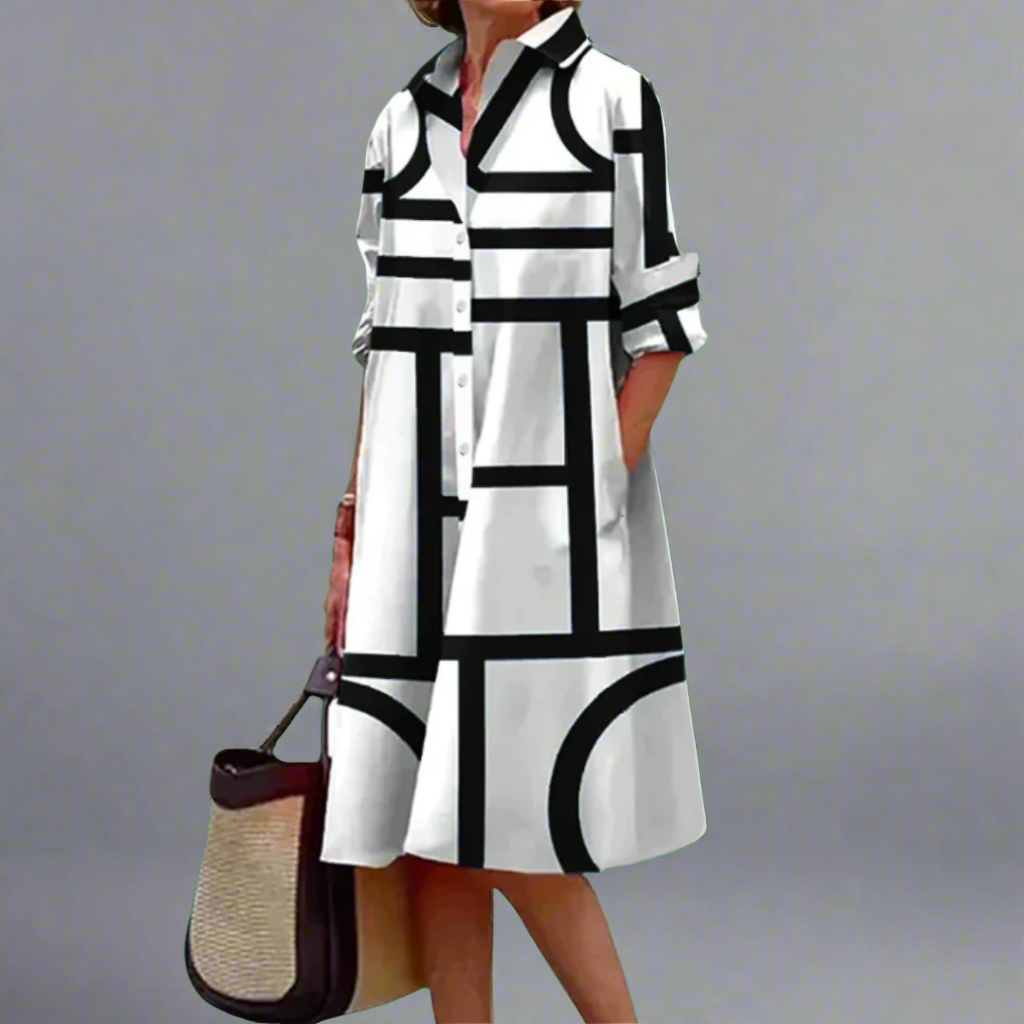 Elowen - Elegant Geometric Stripe Midi Dress White