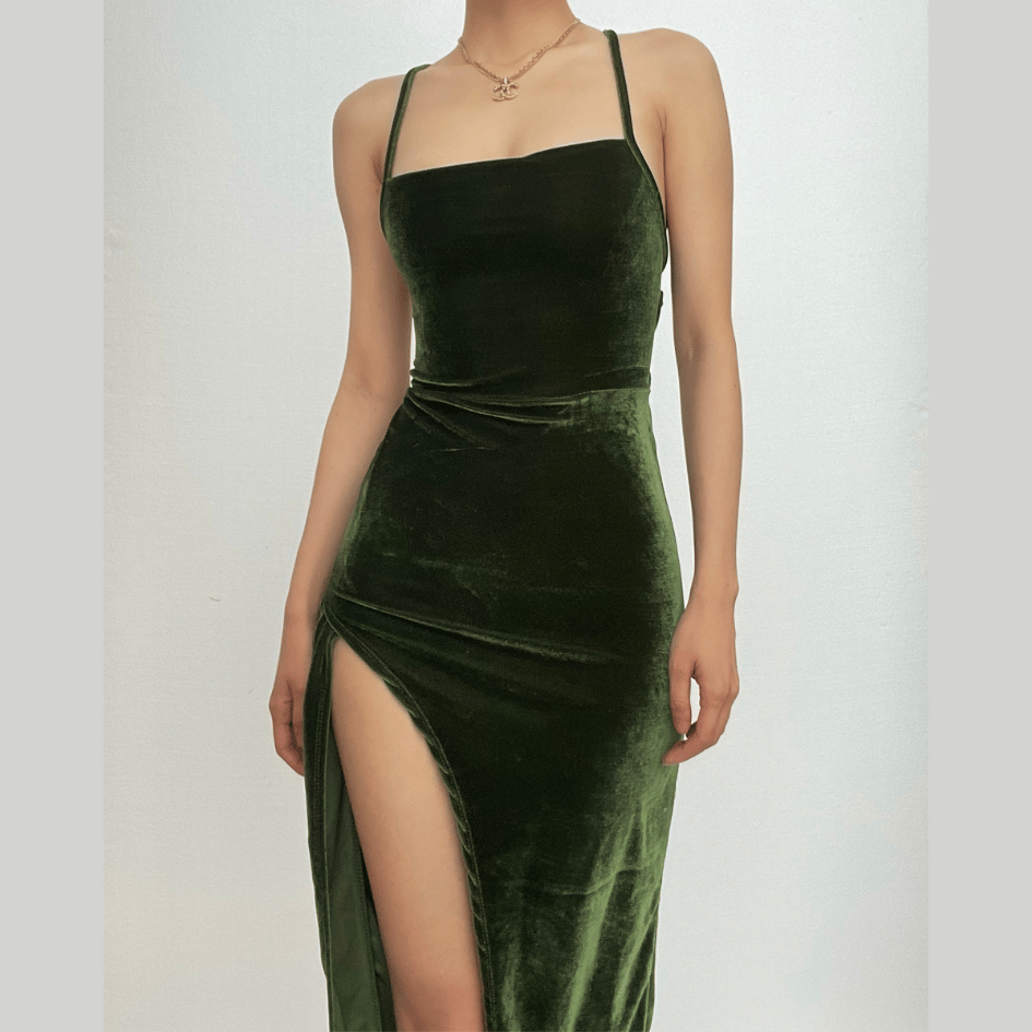 Velvet Square Neck Spaghetti Strap High Split Bodycon Midi Dress