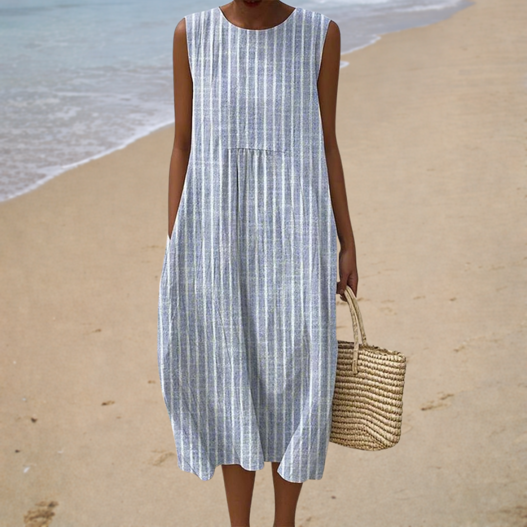Striped Round Neck Sleeveless Linen Look Midi Beach Dress